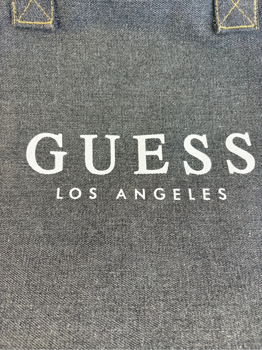 Guess Authentic Vintage 1990s Dark Gray Canvas Tote, White Logo Yellow Stitch